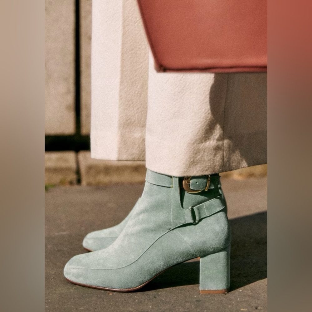 NWOB Sezane Brooklyn Suede Square Toe Ankle Boots in Sea Green Sz 37/6.5 RARE